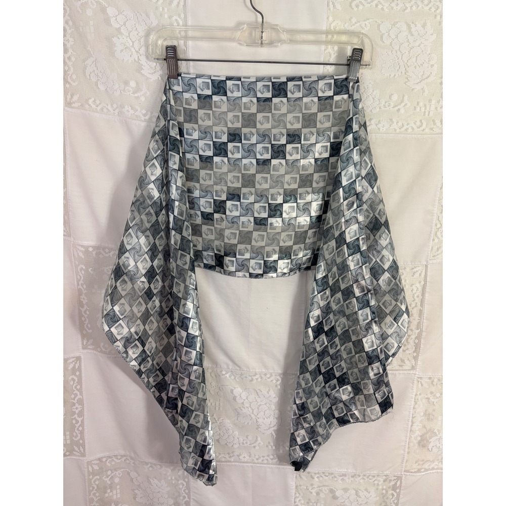 Gray Silver Sheer Chiffon Checkerboard Swirl Print Boho Chic Coastal Scarf 13X59